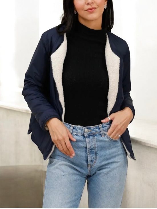 Laura Jo - Veste courte reversible bleu marine avec doublure en sherpa beige