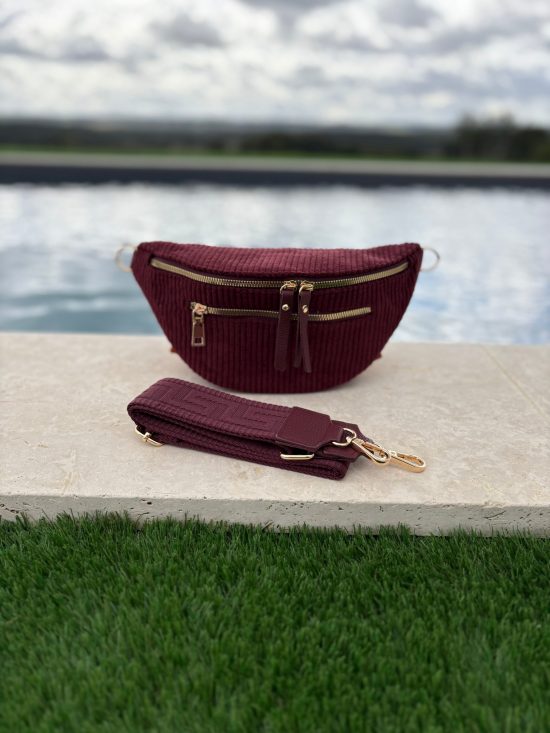 Sac banane velours côtelé 2 poches bordeaux sangle fantaisie