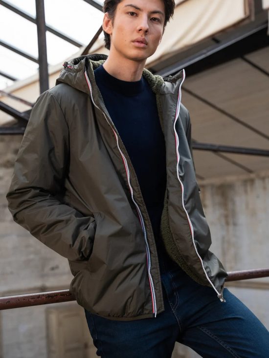 Laura Jo - Manteau HOMME imperméable court fourré fausse fourrure sherpa kaki