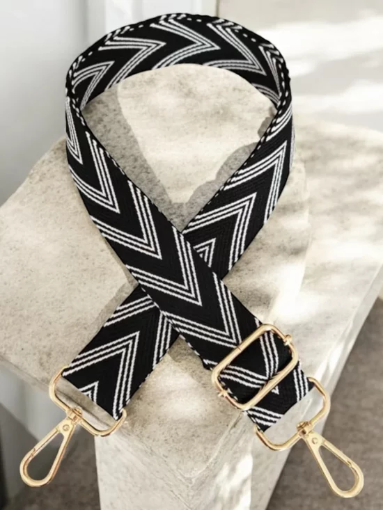 Bandoulière sangle large chevrons noir à motif blanc mousquetons dorés