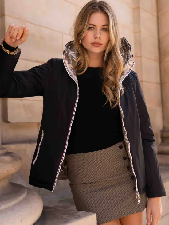 Laura Jo - Manteau doudoune courte matelassé réversible imperméable noir doré avec capuche